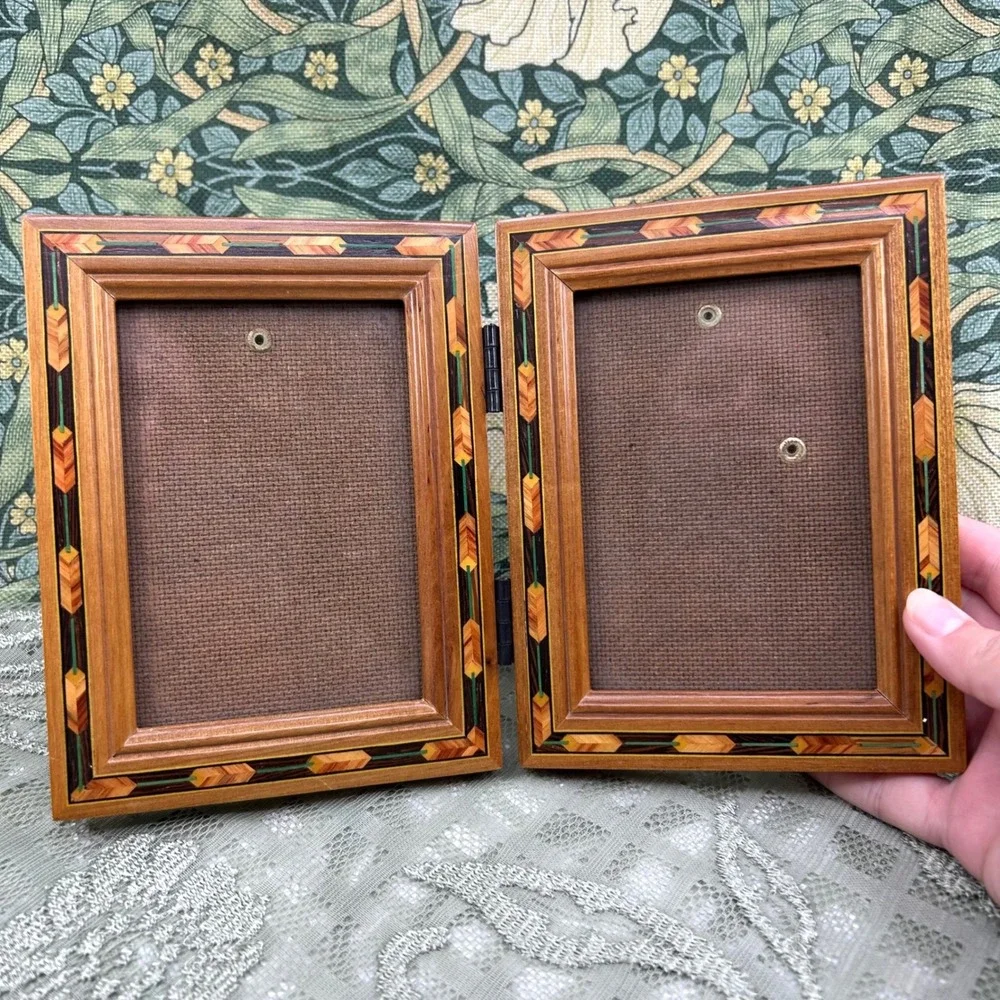 Vintage Wood Inlay Fetco Marquetry Double Frame Standing Wooden